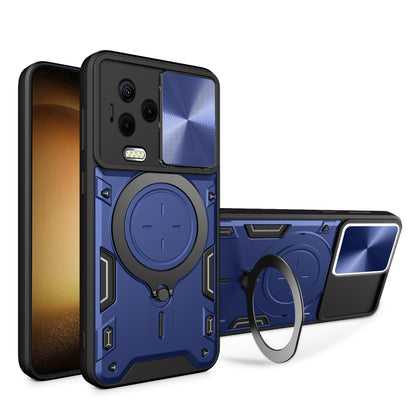 Blue phone case with sliding camshield and round magnetic stand, shockproof corner guards