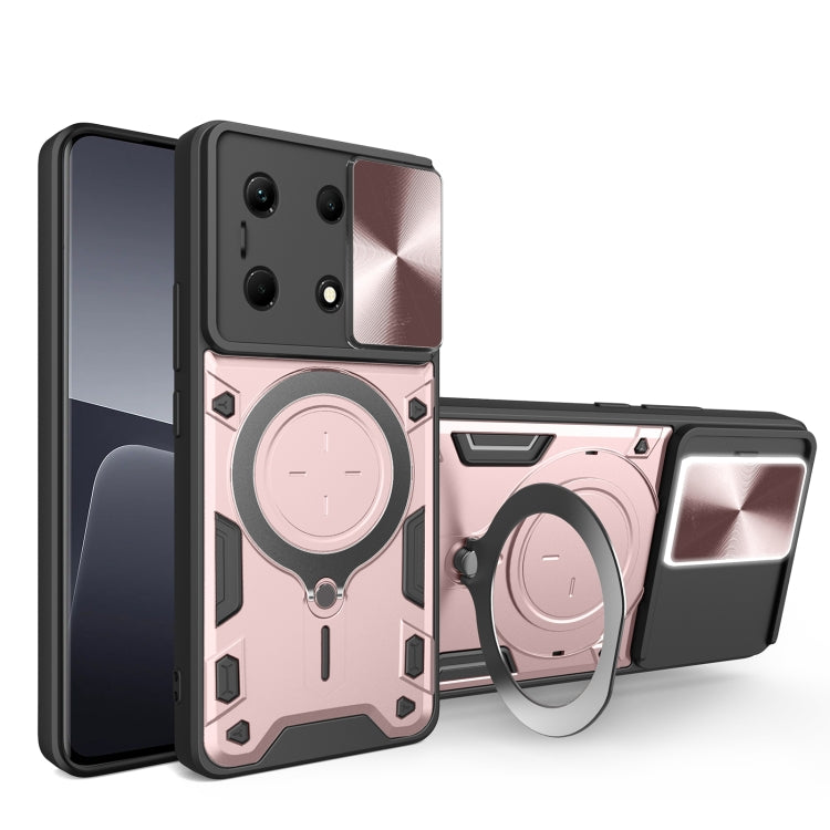 Pink rugged phone case with magnetic sliding ring holder and camera protection