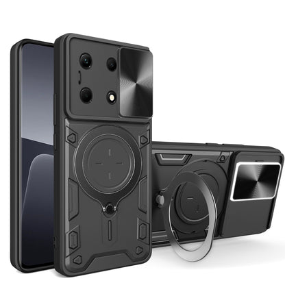 Black rugged phone case with magnetic sliding ring holder and camera protection