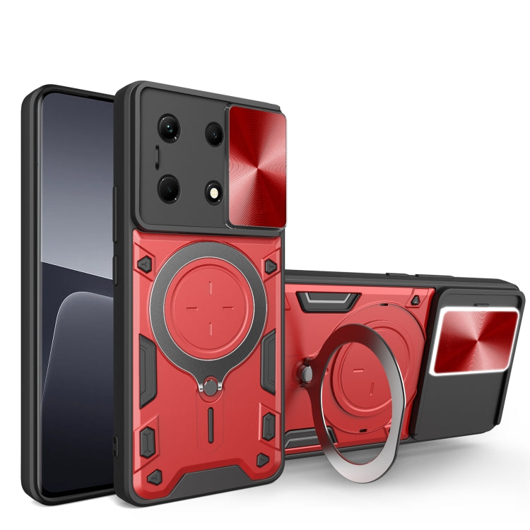 Red rugged phone case with magnetic sliding ring holder and protective bumper