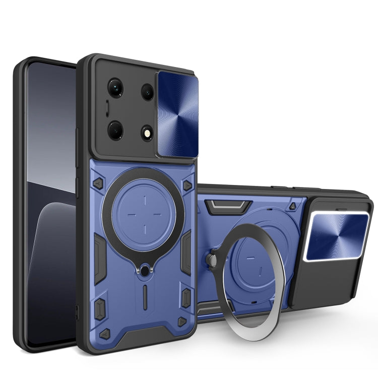 Blue rugged phone case with magnetic sliding ring holder and protective bumper