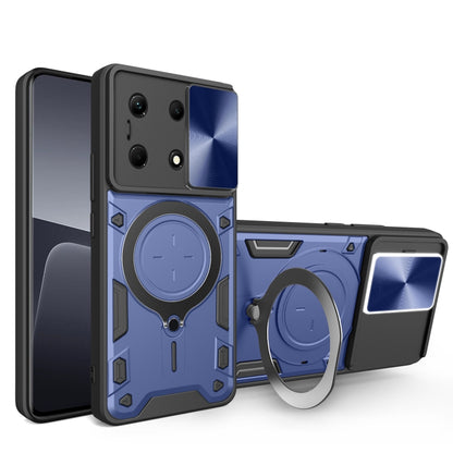Blue rugged phone case with magnetic sliding ring holder and protective bumper