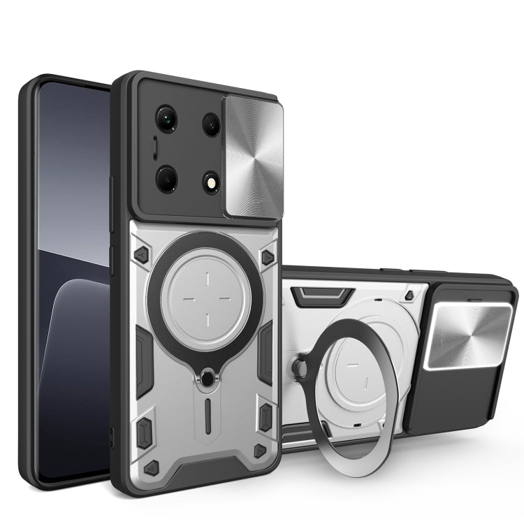 Silver rugged phone case with magnetic sliding ring holder and protective bumper