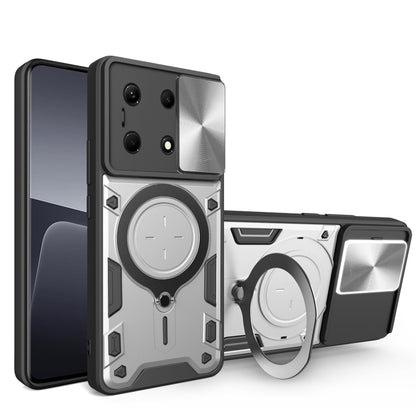 Silver rugged phone case with magnetic sliding ring holder and protective bumper