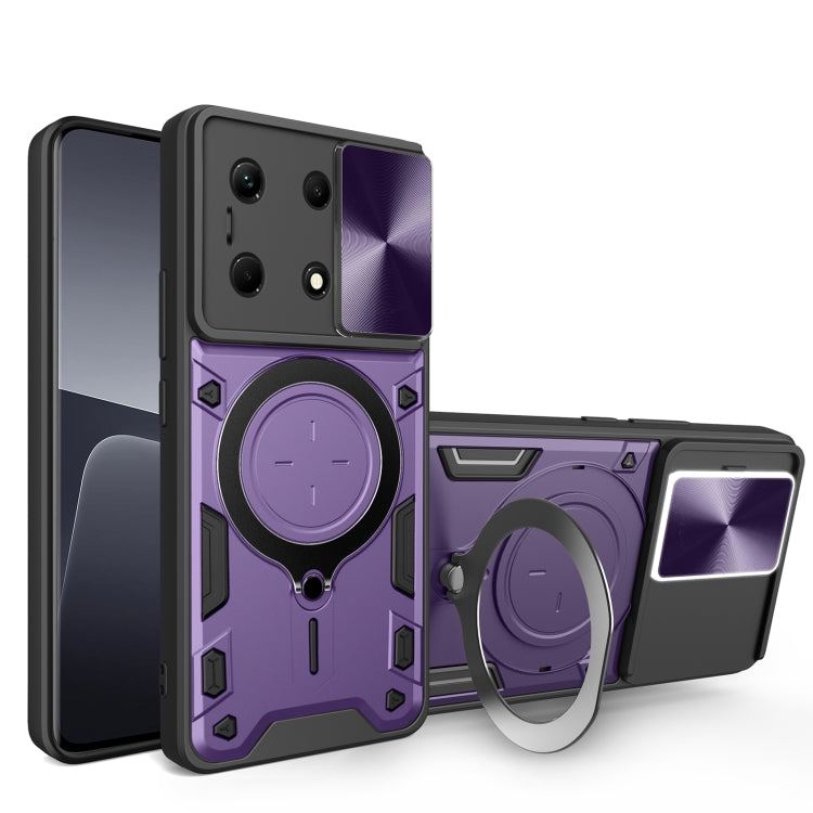 Purple rugged phone case with magnetic sliding ring holder and protective bumper