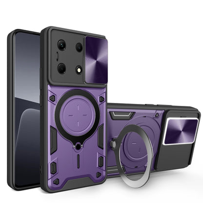 Purple rugged phone case with magnetic sliding ring holder and protective bumper