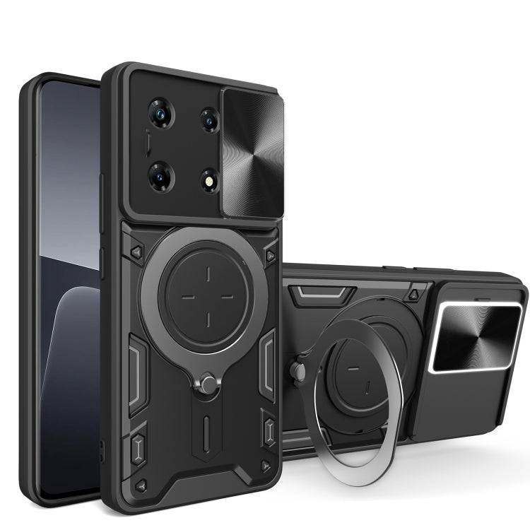 Black phone case with sliding camshield and magnetic ring holder, rugged protective design