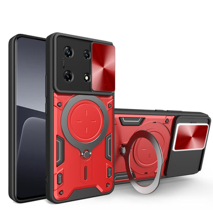 Red phone case with sliding camshield and magnetic ring holder, shockproof armor look