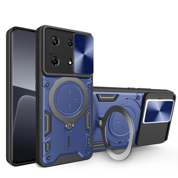 Blue phone case with sliding camshield and magnetic ring holder, rugged geometric frame