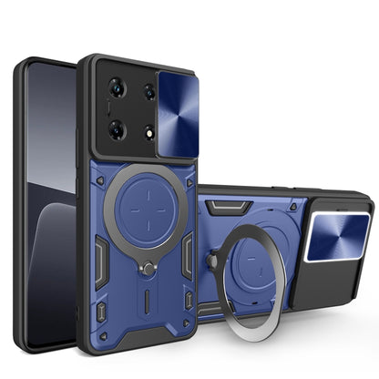 Blue phone case with sliding camshield and magnetic ring holder, rugged geometric frame