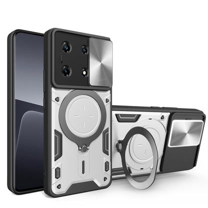Silver and white phone case with sliding camshield and magnetic ring holder, armored