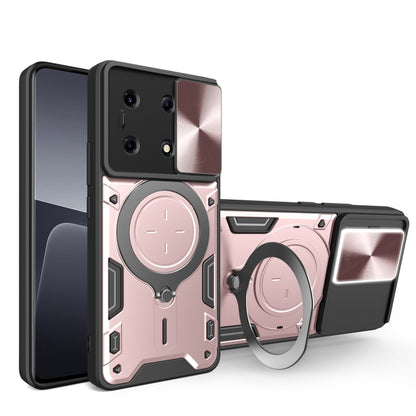 Pink rugged phone case with sliding camshield cover and magnetic ring stand extended