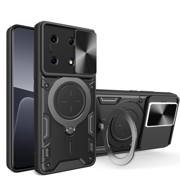 Black rugged phone case with sliding camshield cover and magnetic ring stand extended