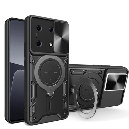 Black rugged phone case with sliding camshield cover and magnetic ring stand extended