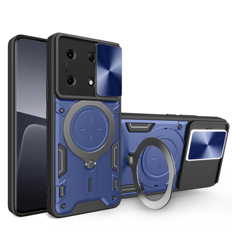 Blue rugged phone case with sliding camshield cover and magnetic ring stand extended