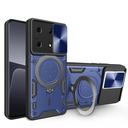Blue rugged phone case with sliding camshield cover and magnetic ring stand extended