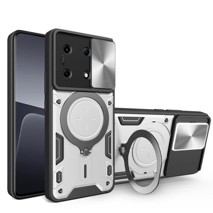 Magnetic sliding phone case with CD texture, circular holder, and camera shield cover