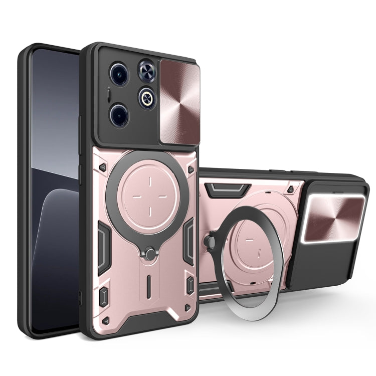 Light pink magnetic phone case with sliding camshield and rotating ring holder