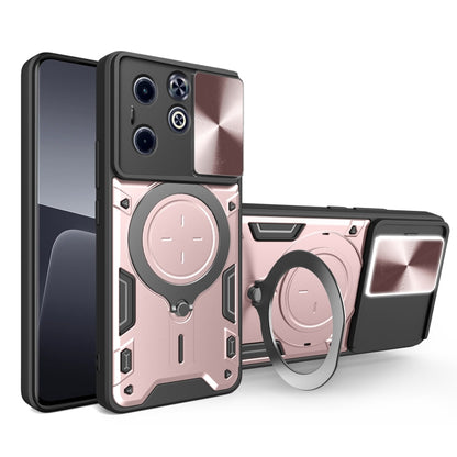 Light pink magnetic phone case with sliding camshield and rotating ring holder