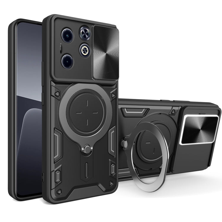 Black magnetic phone case with sliding camshield and rotating ring holder, camera cutouts