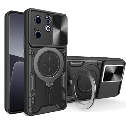 Black magnetic phone case with sliding camshield and rotating ring holder, camera cutouts