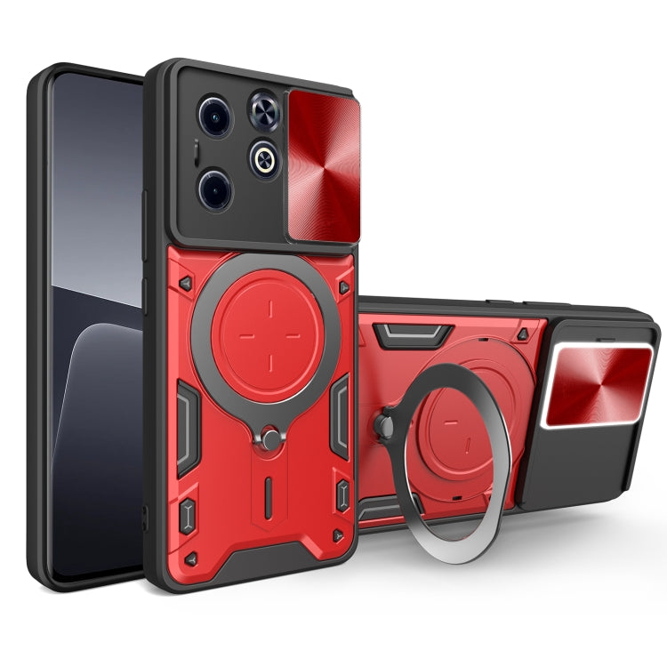 Red rugged phone case with magnetic sliding ring holder and camera protection