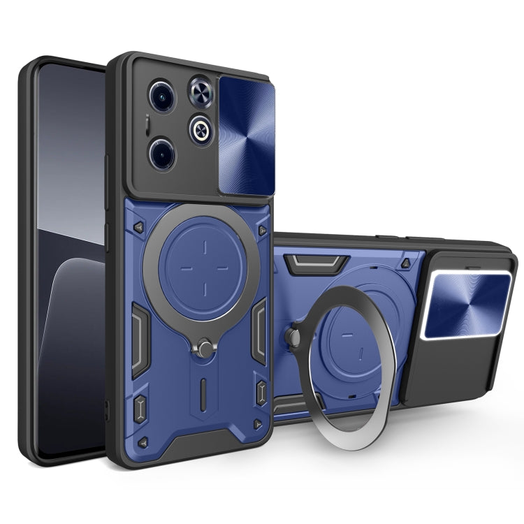 Blue rugged phone case with magnetic sliding ring holder and camera protection