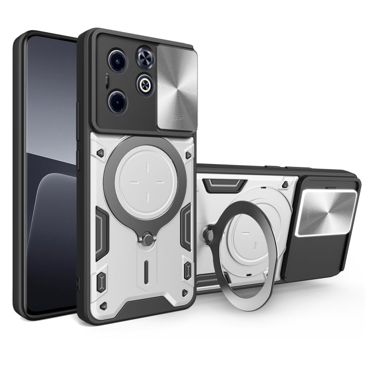 Silver rugged phone case with magnetic sliding ring holder and camera protection