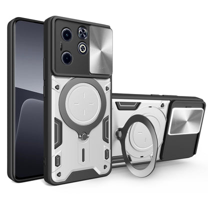 Silver rugged phone case with magnetic sliding ring holder and camera protection