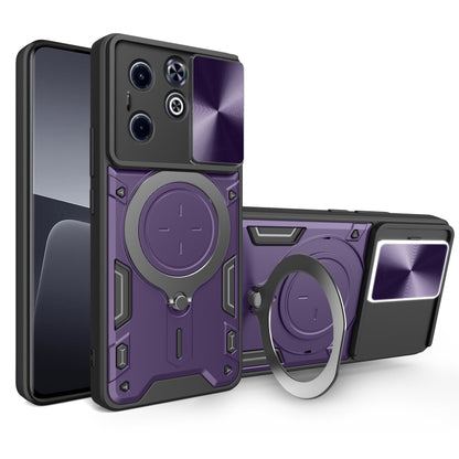 Purple rugged phone case with magnetic sliding ring holder and camera protection