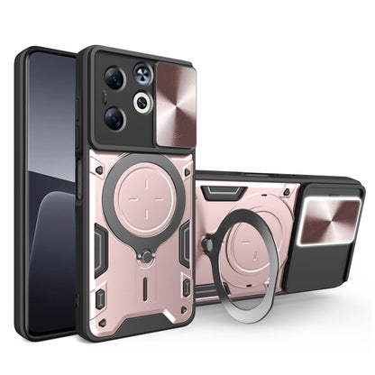 Pink rugged phone case with magnetic ring stand and sliding camshield side cover