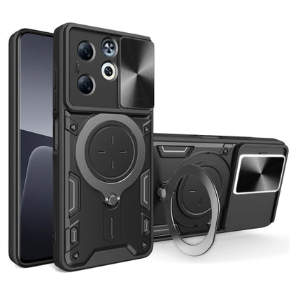 Black rugged phone case with magnetic ring stand and sliding camshield side cover