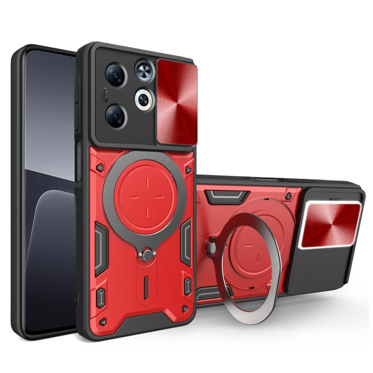 Red rugged phone case with magnetic ring stand and sliding camshield side cover