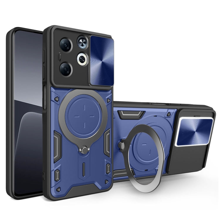 Blue rugged phone case with magnetic ring stand and sliding camshield side cover
