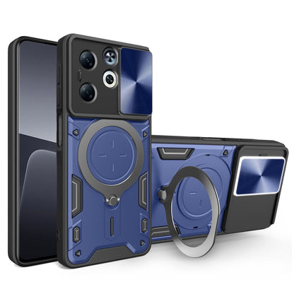 Blue rugged phone case with magnetic ring stand and sliding camshield side cover