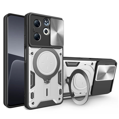 Metallic silver magnetic phone case with sliding camshield, ring holder, and cutouts