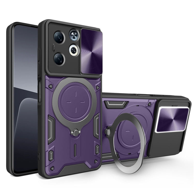 Purple magnetic phone case with sliding camshield, ring holder, and camera cutouts
