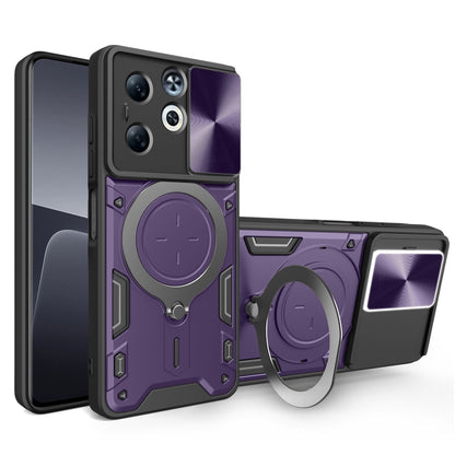 Purple magnetic phone case with sliding camshield, ring holder, and camera cutouts