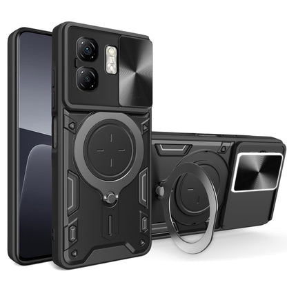 Black CD-texture phone case with sliding camshield and magnetic circular holder