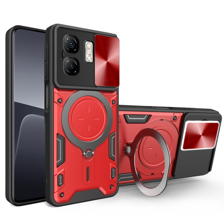 Phone case with magnetic sliding card holder, CD texture, red, with ring stand