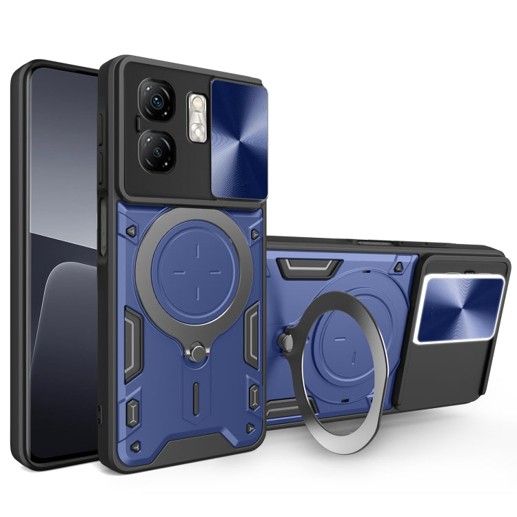 Phone case with magnetic sliding card holder, CD texture, blue, with ring stand