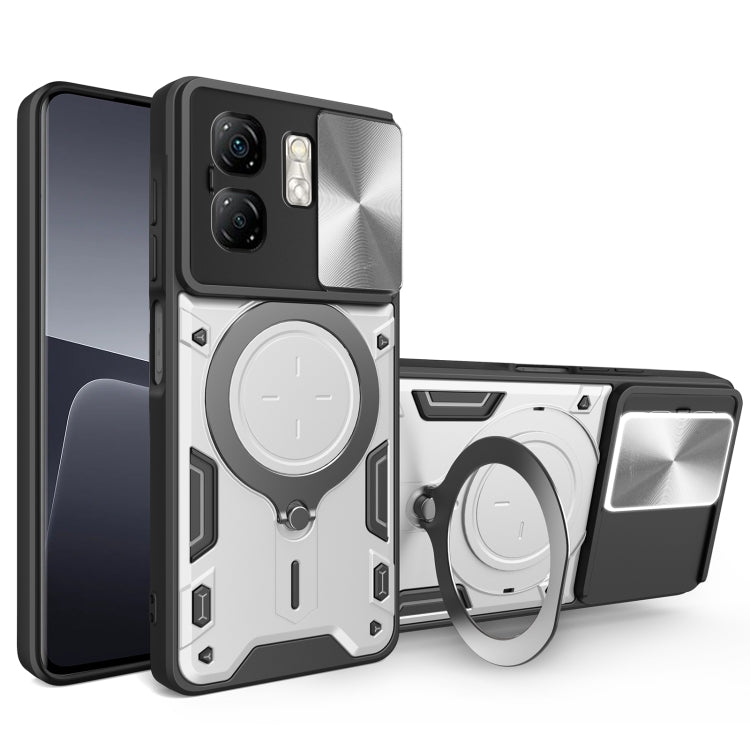 Phone case with magnetic sliding card holder, CD texture, white, with ring stand