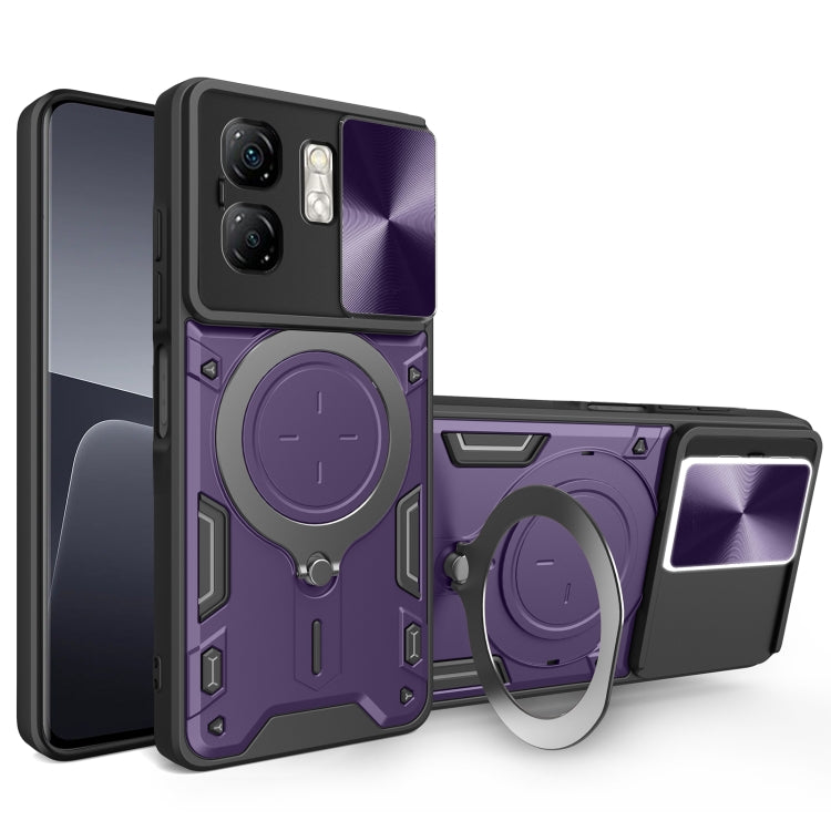 Phone case with magnetic sliding card holder, CD texture, purple, with ring stand