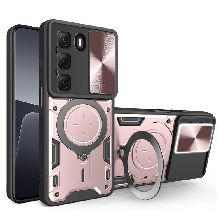 Phone case with magnetic sliding card holder, CD texture, pink, with ring stand
