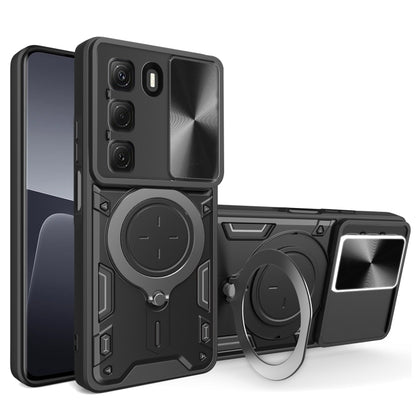 Phone case with magnetic sliding card holder, CD texture, black, with ring stand