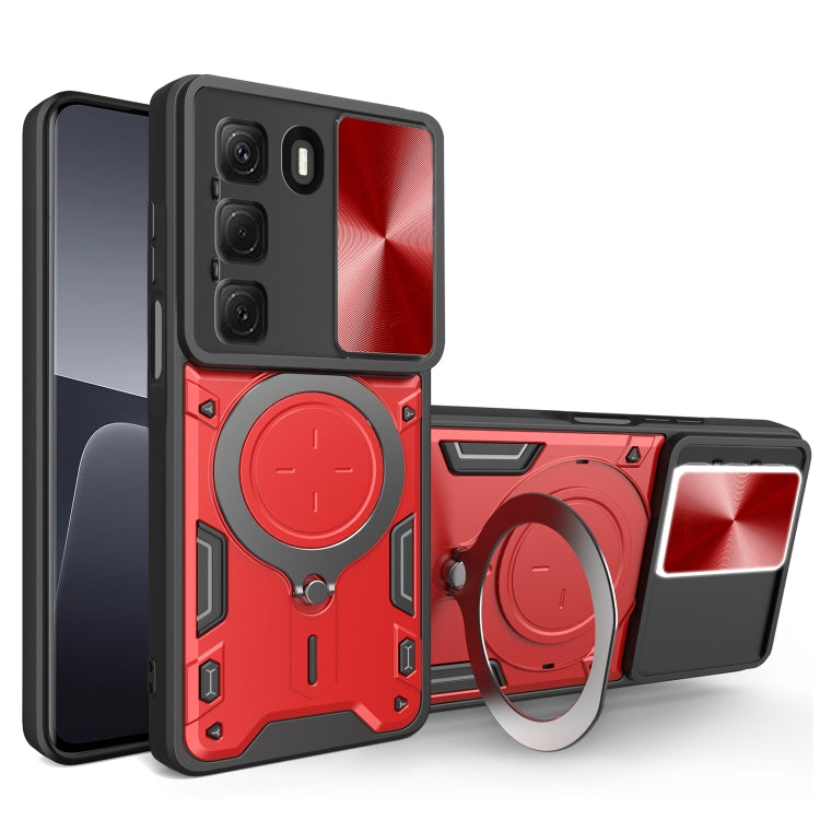 Phone case with magnetic sliding card holder, CD texture, red, with ring stand