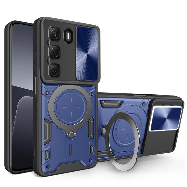 Phone case with magnetic sliding card holder, CD texture, blue, with ring stand