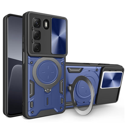 Phone case with magnetic sliding card holder, CD texture, blue, with ring stand