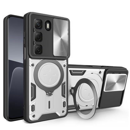 Phone case with magnetic sliding card holder, CD texture, white, with ring stand