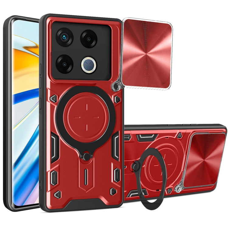 Red magnetic phone case with sliding camshield and rotating ring holder, camera cutouts